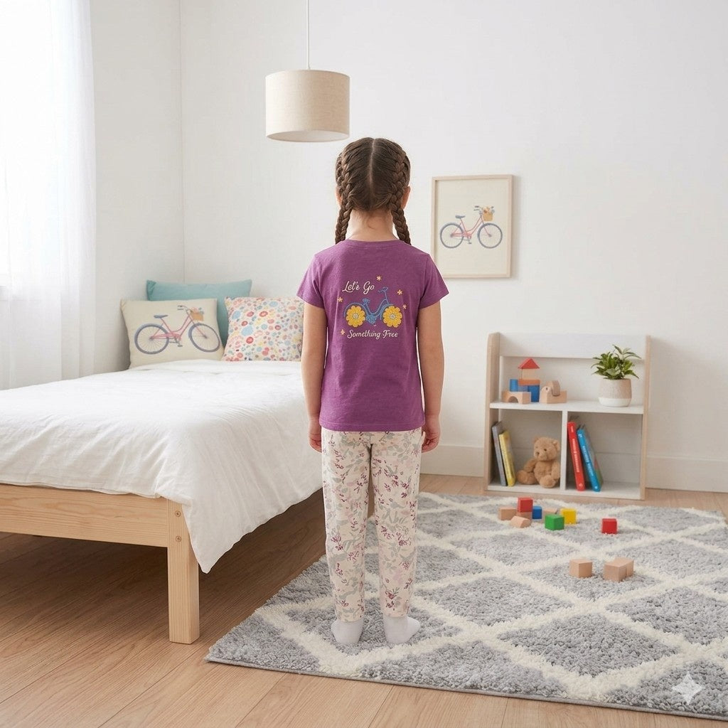 Purple Let's Go Printed Half Sleeves Kids Suit