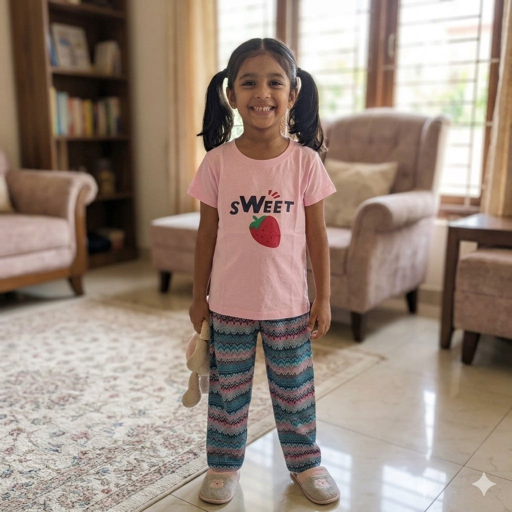 Pink Sweet Printed Half Sleeves Kids Suit