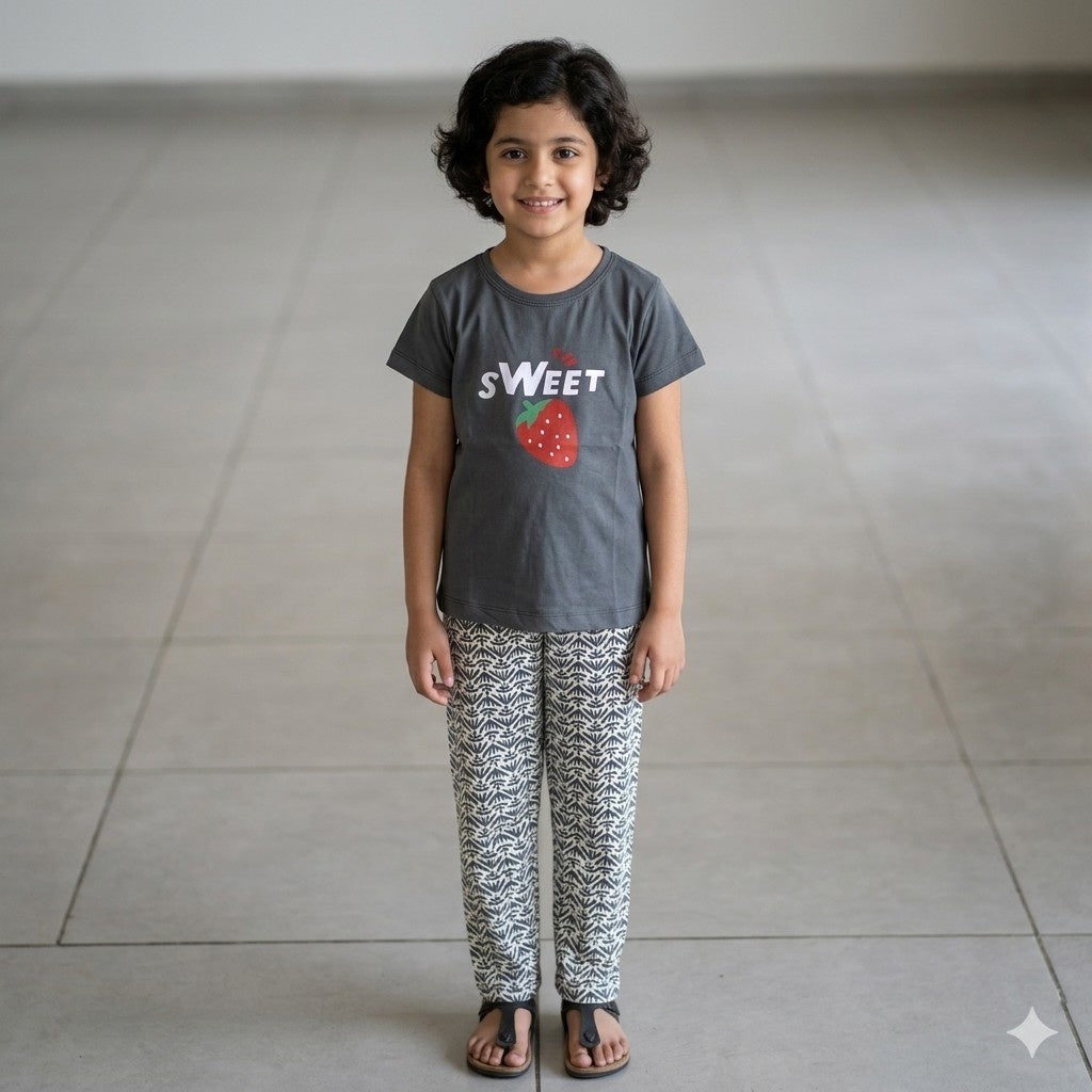 Grey Sweet Printed Half Sleeves Kids Suit