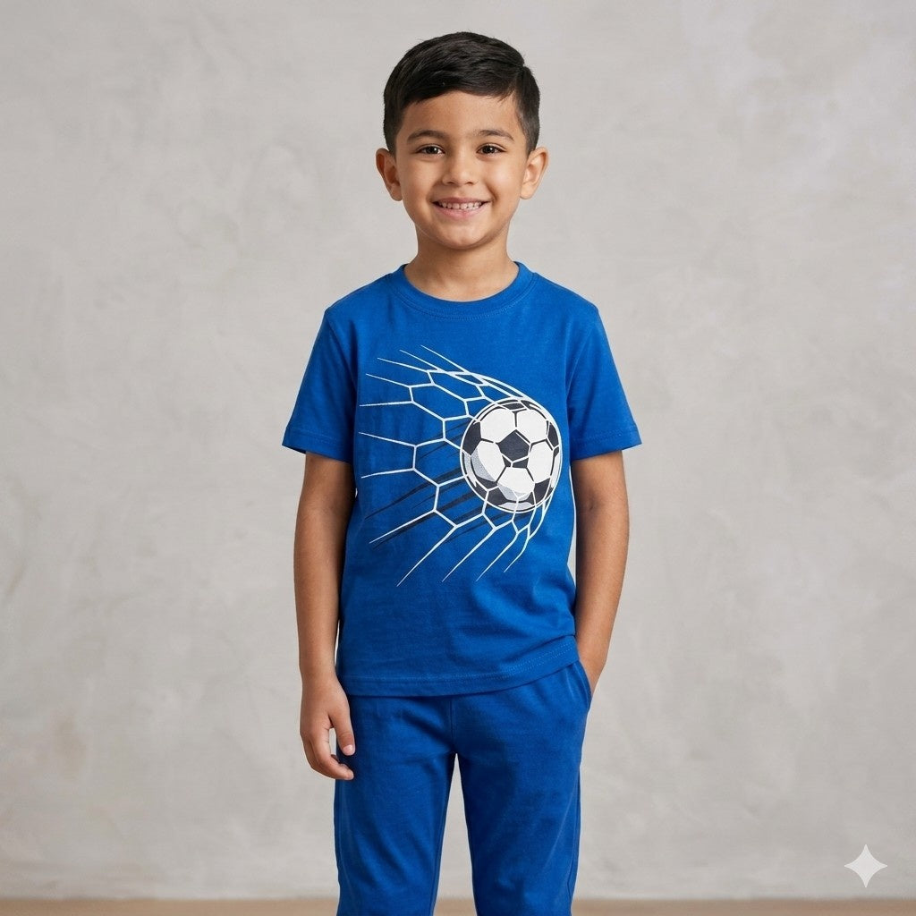 Blue & White Printed Half Sleeves Kids Suit