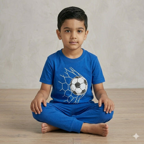 Blue & White Printed Half Sleeves Kids Suit