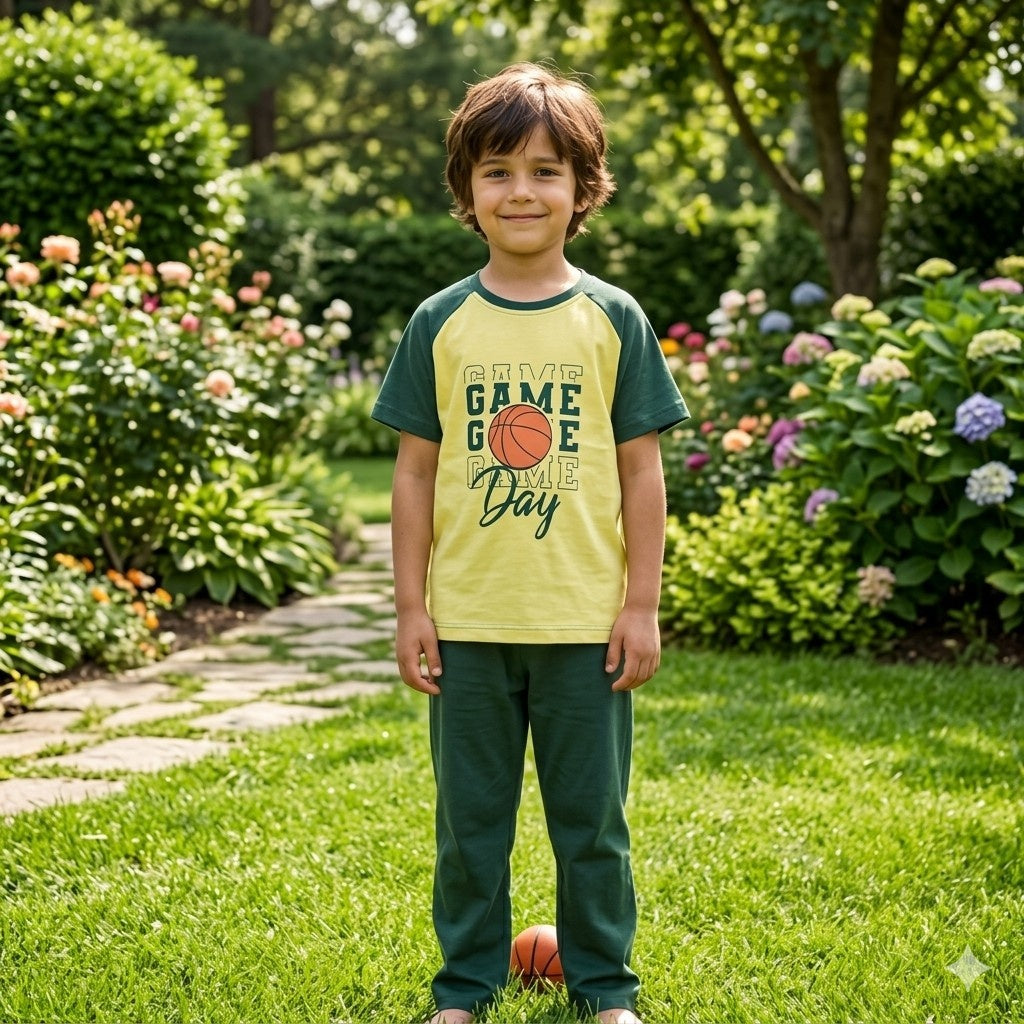 Yellow Game Day Printed Half Sleeves Kids Suit